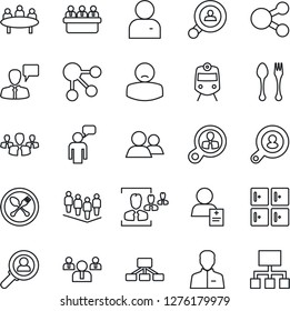 Thin Line Icon Set - spoon and fork vector, train, checkroom, speaking man, team, meeting, patient, group, user, hr, client search, consumer, social media, hierarchy