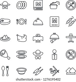 Thin Line Icon Set - spoon and fork vector, waiter, dish, restaurant table, serviette, cafe, menu, plates, dress code, chicken, steak, kebab, ham, bowl, steaming pan, sushi