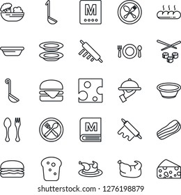 Thin Line Icon Set - spoon and fork vector, cafe, menu, salad, plates, bacon, waiter, bread, chicken, hamburger, ladle, bowl, rolling pin, sushi, cheese
