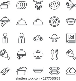 Thin Line Icon Set - spoon and fork vector, waiter, dish, restaurant table, serviette, menu, plates, dress code, steak, kebab, ham, bowl, steaming pan, sushi
