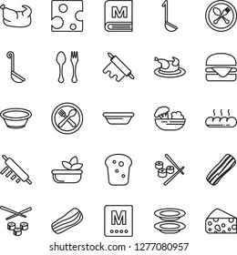 Thin Line Icon Set - spoon and fork vector, cafe, menu, salad, plates, bacon, bread, chicken, hamburger, ladle, bowl, rolling pin, sushi, cheese