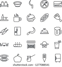 Thin Line Icon Set - spoon and fork vector, sickle, plant label, pumpkin, diet, fridge, alcohol, reception, phyto bar, coffee, beer, plates, salt pepper, bread, cafe table, dress code, alcove, kebab