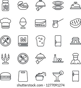 Thin Line Icon Set - spoon and fork vector, pills bottle, fridge, cook, alcohol, cafe, hat, menu, reception, cocktail, salad, plates, waiter, egg stand, bread, building, candle, credit card, steak