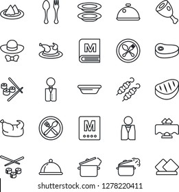 Thin Line Icon Set - spoon and fork vector, waiter, dish, restaurant table, serviette, cafe, menu, plates, dress code, chicken, steak, kebab, ham, bowl, steaming pan, sushi