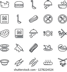Thin Line Icon Set - spoon and fork vector, cafe, menu, salad, plates, bacon, waiter, bread, chicken, steak, kebab, hamburger, ladle, bowl, rolling pin, sushi