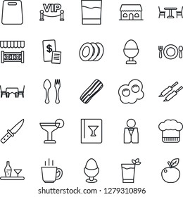 Thin Line Icon Set - spoon and fork vector, cafe, waiter, alcohol, cook hat, wine card, drink, cocktail, phyto bar, coffee, plates, bacon, egg stand, building, table, vip zone, alcove, kebab, knife