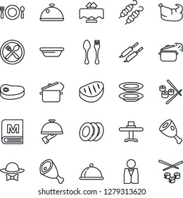 Thin Line Icon Set - spoon and fork vector, waiter, dish, restaurant table, cafe, menu, plates, dress code, chicken, steak, kebab, ham, bowl, steaming pan, sushi