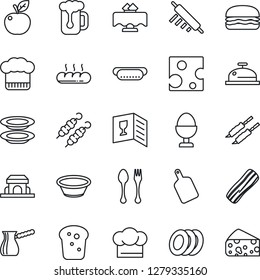 Thin Line Icon Set - spoon and fork vector, restaurant table, cook hat, wine card, reception, beer, plates, bacon, egg stand, bread, cafe building, kebab, hamburger, hot dog, bowl, rolling pin