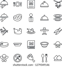 Thin Line Icon Set - spoon and fork vector, waiter, dish, restaurant table, cafe, menu, plates, dress code, chicken, steak, kebab, ham, bowl, sushi, serviette