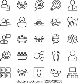 Thin Line Icon Set - spoon and fork vector, train, male, checkroom, speaking man, team, meeting, patient, group, user, company, hr, client search, consumer, social media, hierarchy