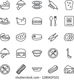 Thin Line Icon Set - spoon and fork vector, cafe, menu, salad, plates, bacon, waiter, bread, chicken, steak, kebab, hamburger, ladle, bowl, rolling pin, cheese
