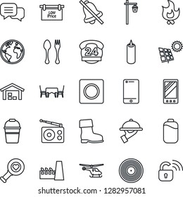 Thin Line Icon Set - spoon and fork vector, helicopter, bucket, boot, fire, garden light, heart diagnostic, earth, 24 hours, vinyl, radio, cell phone, dialog, mobile, record, mute, battery, factory