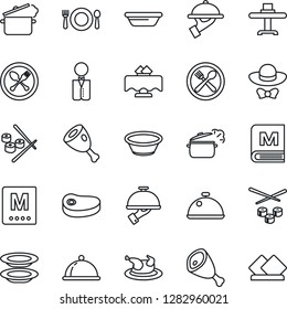 Thin Line Icon Set - spoon and fork vector, waiter, dish, restaurant table, cafe, menu, plates, dress code, chicken, steak, ham, bowl, steaming pan, sushi, serviette