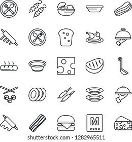 Thin Line Icon Set - spoon and fork vector, cafe, menu, salad, plates, bacon, waiter, bread, chicken, steak, kebab, hamburger, ladle, bowl, rolling pin, sushi, cheese