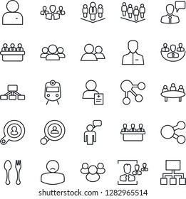 Thin Line Icon Set - spoon and fork vector, train, speaking man, team, meeting, patient, group, user, company, hr, client search, social media, hierarchy