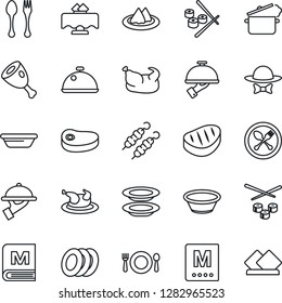 Thin Line Icon Set - spoon and fork vector, dish, restaurant table, serviette, cafe, menu, plates, waiter, dress code, chicken, steak, kebab, ham, bowl, steaming pan, sushi