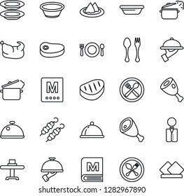 Thin Line Icon Set - spoon and fork vector, waiter, dish, restaurant table, serviette, cafe, menu, plates, chicken, steak, kebab, ham, bowl, steaming pan
