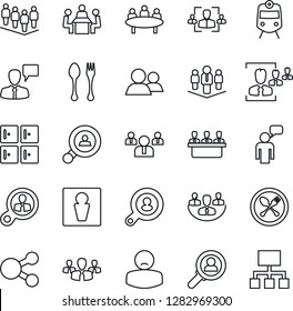 Thin Line Icon Set - spoon and fork vector, train, male, checkroom, speaking man, team, meeting, patient, group, company, hr, client search, consumer, social media, hierarchy