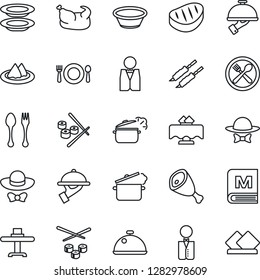 Thin Line Icon Set - spoon and fork vector, waiter, dish, restaurant table, serviette, cafe, menu, plates, dress code, chicken, steak, kebab, ham, bowl, steaming pan, sushi