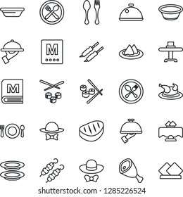 Thin Line Icon Set - spoon and fork vector, dish, restaurant table, serviette, cafe, menu, plates, waiter, dress code, chicken, steak, kebab, ham, bowl, sushi