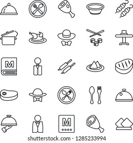Thin Line Icon Set - spoon and fork vector, waiter, dish, restaurant table, serviette, cafe, menu, dress code, chicken, steak, kebab, ham, bowl, steaming pan, sushi