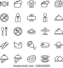 Thin Line Icon Set - spoon and fork vector, waiter, dish, restaurant table, serviette, cafe, plates, dress code, chicken, steak, kebab, ham, steaming pan