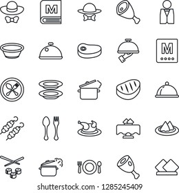 Thin Line Icon Set - spoon and fork vector, waiter, dish, restaurant table, serviette, cafe, menu, plates, dress code, chicken, steak, kebab, ham, bowl, steaming pan, sushi