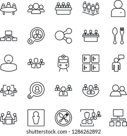 Thin Line Icon Set - spoon and fork vector, train, male, checkroom, speaking man, team, meeting, patient, group, user, company, hr, client search, consumer, social media, hierarchy