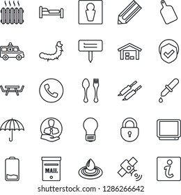 Thin Line Icon Set - spoon and fork vector, phone, male, bed, lock, bulb, pencil, plant label, caterpillar, picnic table, dropper, ambulance car, client, umbrella, shield, satellite, tv, low battery
