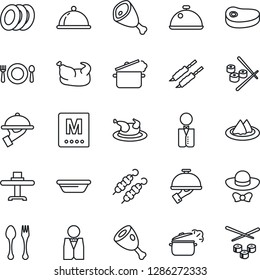 Thin Line Icon Set - spoon and fork vector, waiter, dish, restaurant table, serviette, cafe, menu, plates, dress code, chicken, steak, kebab, ham, bowl, steaming pan, sushi