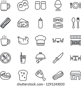 Thin Line Icon Set - spoon and fork vector, cafe, coffee, cook hat, phyto bar, salad, bacon, waiter, egg stand, salt pepper, bread, candle, table, open close, alcove, chicken, ham, knife, omelette