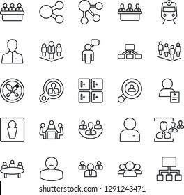 Thin Line Icon Set - spoon and fork vector, train, male, checkroom, speaking man, team, meeting, patient, user, company, hr, client search, consumer, group, social media, hierarchy