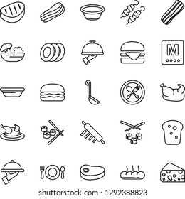 Thin Line Icon Set - spoon and fork vector, cafe, menu, salad, plates, bacon, waiter, bread, chicken, steak, kebab, hamburger, ladle, bowl, rolling pin, sushi, cheese