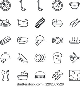 Thin Line Icon Set - spoon and fork vector, cafe, salad, plates, bacon, waiter, bread, chicken, steak, kebab, hamburger, ladle, bowl, rolling pin, sushi, cheese