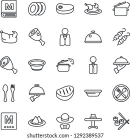 Thin Line Icon Set - spoon and fork vector, waiter, dish, restaurant table, serviette, cafe, menu, plates, dress code, chicken, steak, kebab, ham, bowl, steaming pan, sushi