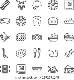 Thin Line Icon Set - spoon and fork vector, cafe, menu, salad, plates, bacon, waiter, bread, chicken, steak, kebab, hamburger, ladle, bowl, sushi, cheese