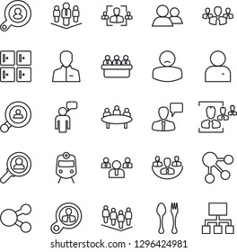 Thin Line Icon Set - spoon and fork vector, train, checkroom, speaking man, team, meeting, patient, group, user, company, hr, client search, consumer, social media, hierarchy