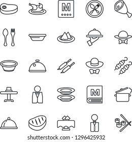 Thin Line Icon Set - spoon and fork vector, waiter, dish, restaurant table, serviette, menu, plates, dress code, chicken, steak, kebab, ham, bowl, steaming pan, sushi