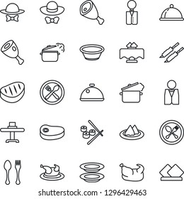 Thin Line Icon Set - spoon and fork vector, waiter, dish, restaurant table, serviette, cafe, plates, dress code, chicken, steak, kebab, ham, bowl, steaming pan, sushi