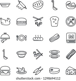 Thin Line Icon Set - spoon and fork vector, cafe, menu, salad, plates, bacon, waiter, bread, chicken, steak, kebab, hamburger, ladle, bowl, rolling pin, sushi, cheese