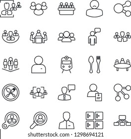 Thin Line Icon Set - spoon and fork vector, train, checkroom, speaking man, meeting, patient, group, user, company, hr, consumer search, social media, hierarchy