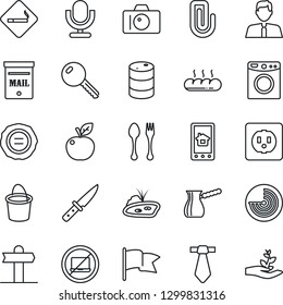 Thin Line Icon Set - spoon and fork vector, no laptop, smoking place, camera, radar, stamp, bucket, signpost, oil barrel, microphone, paper clip, pond, mailbox, estate agent, key, bread, knife, flag