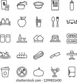 Thin Line Icon Set - spoon and fork vector, coffee, pumpkin, alcohol, restaurant table, cocktail, phyto bar, bacon, salt pepper, bread, cafe building, candle, open close, receipt, chicken, bowl