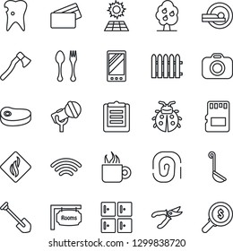 Thin Line Icon Set - spoon and fork vector, checkroom, job, fence, pruner, lady bug, axe, tomography, caries, clipboard, camera, microphone, mobile, sd, wireless, sun panel, fruit tree, rooms, steak