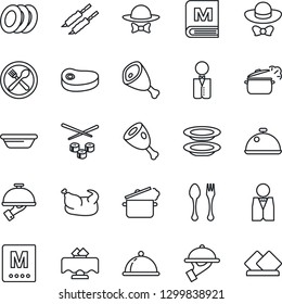 Thin Line Icon Set - spoon and fork vector, waiter, dish, restaurant table, cafe, menu, plates, dress code, chicken, steak, kebab, ham, bowl, steaming pan, sushi, serviette