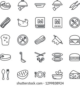 Thin Line Icon Set - spoon and fork vector, cafe, menu, salad, plates, bacon, waiter, bread, chicken, steak, kebab, hamburger, ladle, bowl, rolling pin, sushi, cheese