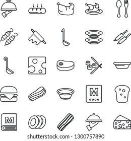 Thin Line Icon Set - spoon and fork vector, menu, plates, bacon, waiter, bread, chicken, steak, kebab, hamburger, ladle, bowl, rolling pin, sushi, cheese