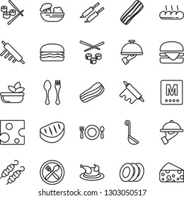 Thin Line Icon Set - spoon and fork vector, cafe, menu, salad, plates, bacon, waiter, bread, chicken, steak, kebab, hamburger, ladle, rolling pin, sushi, cheese