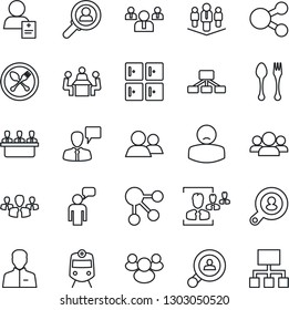 Thin Line Icon Set - spoon and fork vector, train, checkroom, speaking man, team, patient, group, user, hr, meeting, company, client search, consumer, social media, hierarchy