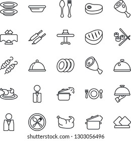 Thin Line Icon Set - spoon and fork vector, waiter, dish, restaurant table, cafe, plates, chicken, steak, kebab, ham, bowl, steaming pan, sushi, serviette